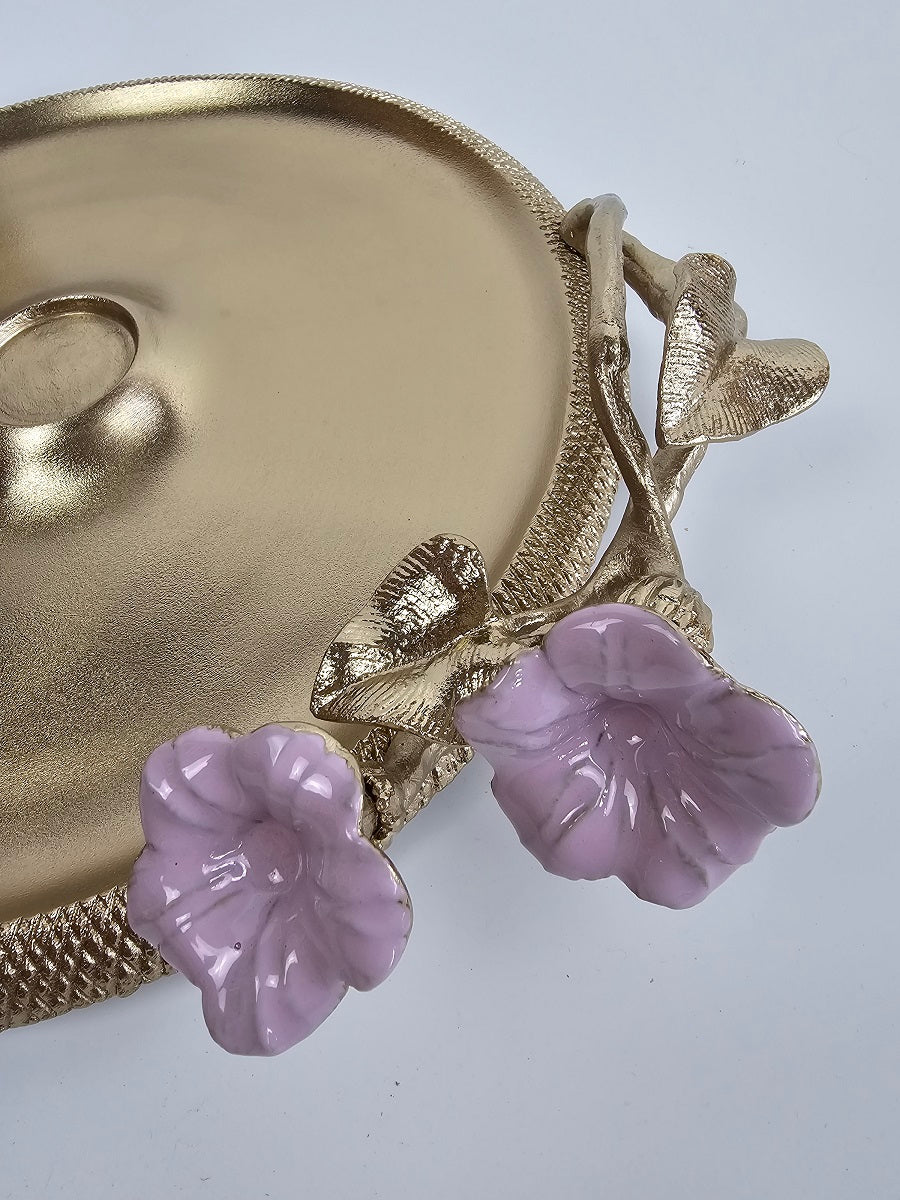 EHAIKA Chip And Dip Platter – Golden Enamelled Aluminium With Morning Glory Flower