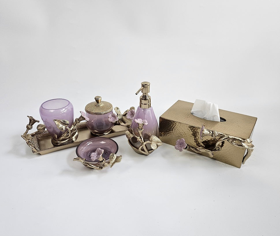 EHAIKA Bathroom Accessories Set – Enamelled Aluminium Morning Glory Flower With Ombre Lilac Coloured Class