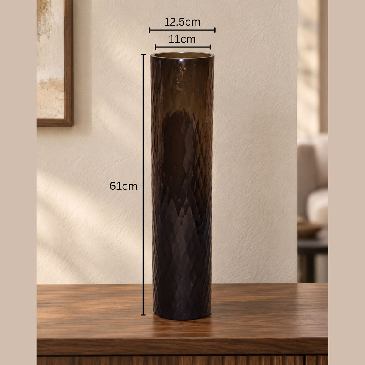 EHAIKA Designer Floor Standing Glass Flower Vase, Handmade Honeycomb Cut Patterned - Cylinder Shaped