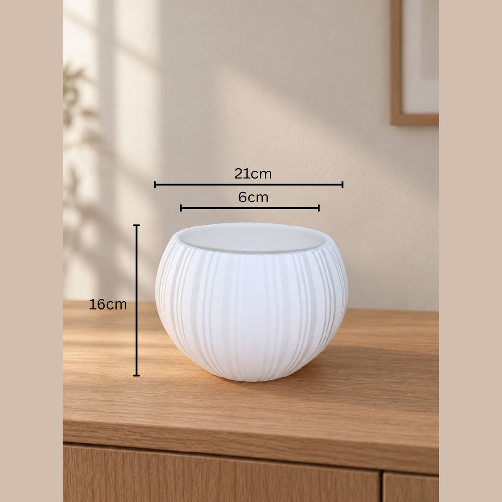 EHAIKA Large Opening Glass Flower Vase, Line Cut Jagged Patterned - Round Shaped, White Color