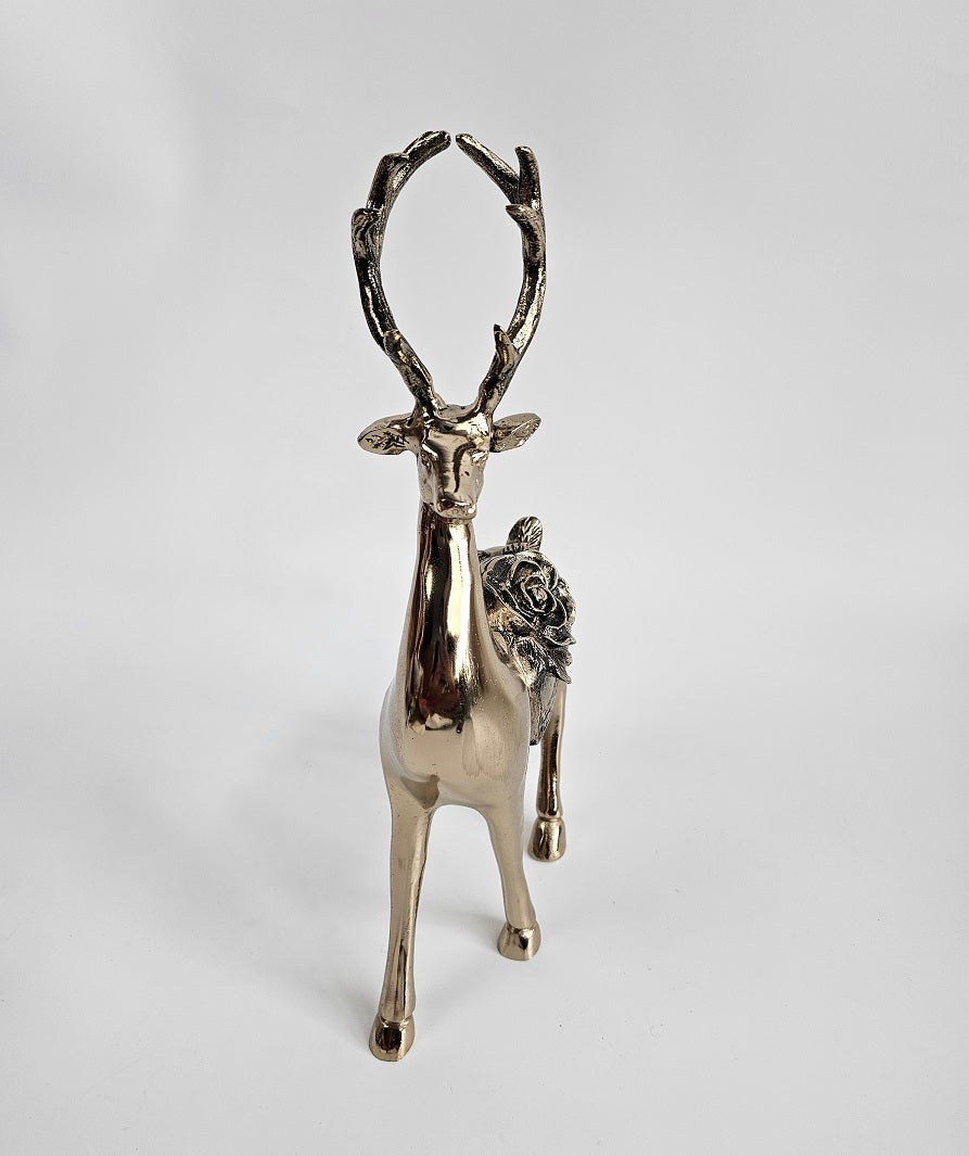 EHAIKA Golden Color Aluminum Standing Reindeer Sculpture With Rose – Home Office Table Top Display Christmas Gift