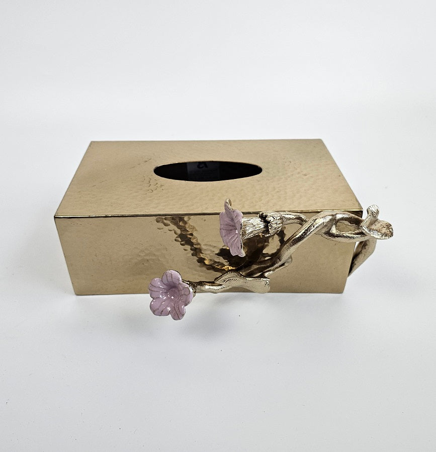 EHAIKA Tissue Box Cover – Golden Color Enamelled Aluminium With Morning Glory Flower