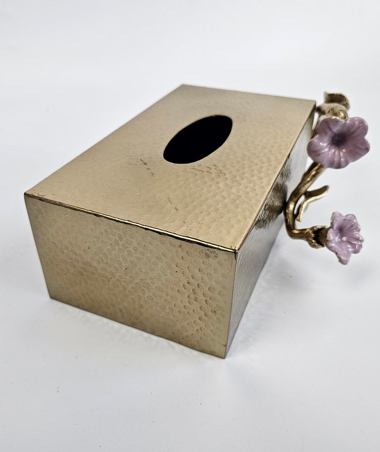 EHAIKA Tissue Box Cover – Golden Color Enamelled Aluminium With Morning Glory Flower