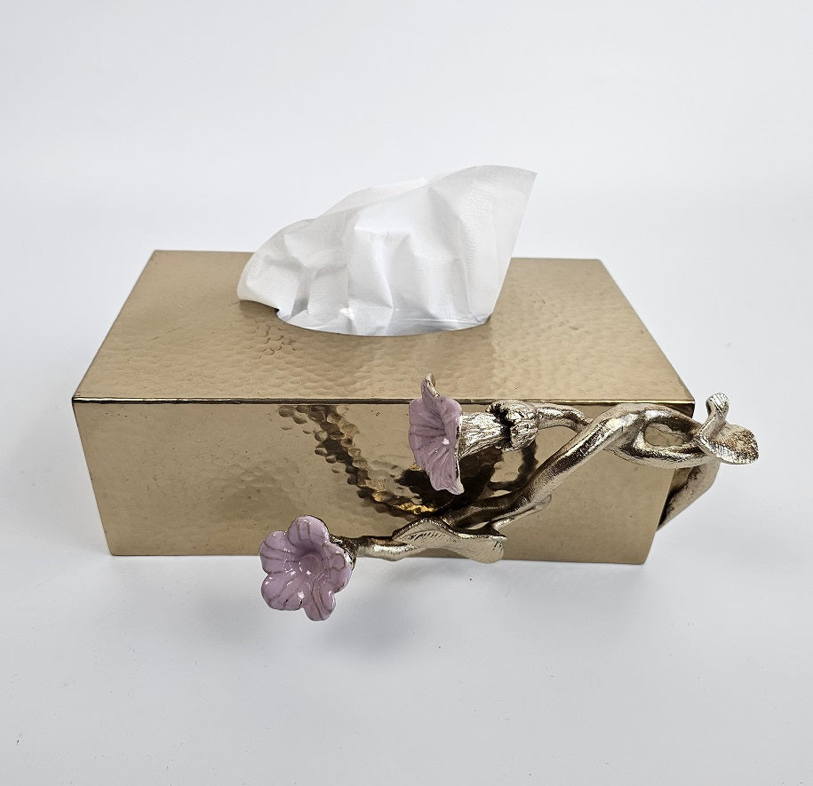 EHAIKA Tissue Box Cover – Golden Color Enamelled Aluminium With Morning Glory Flower