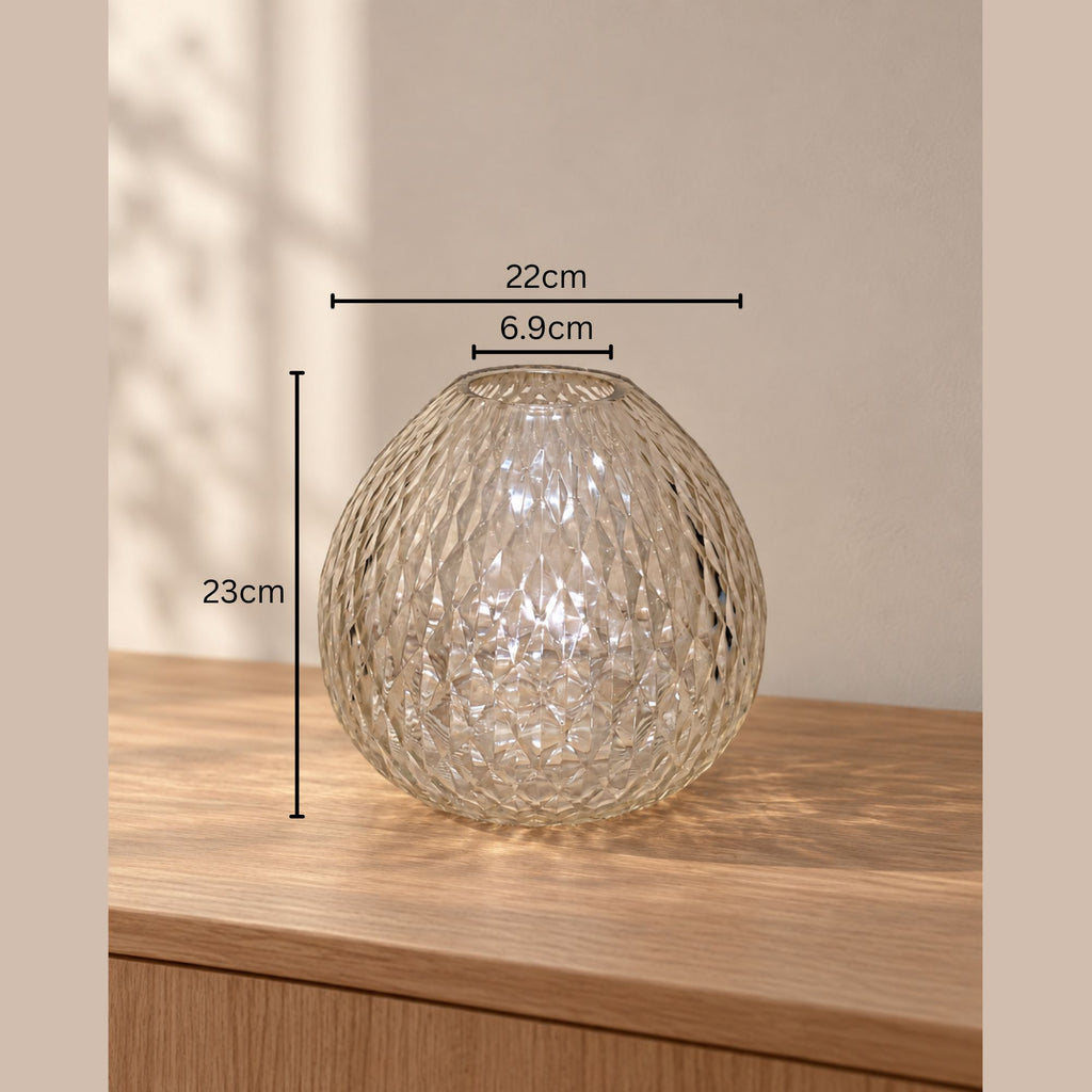 EHAIKA Designer Clear Glass Flower Vase, Handmade Diamond Cut Patterned - Round Shaped