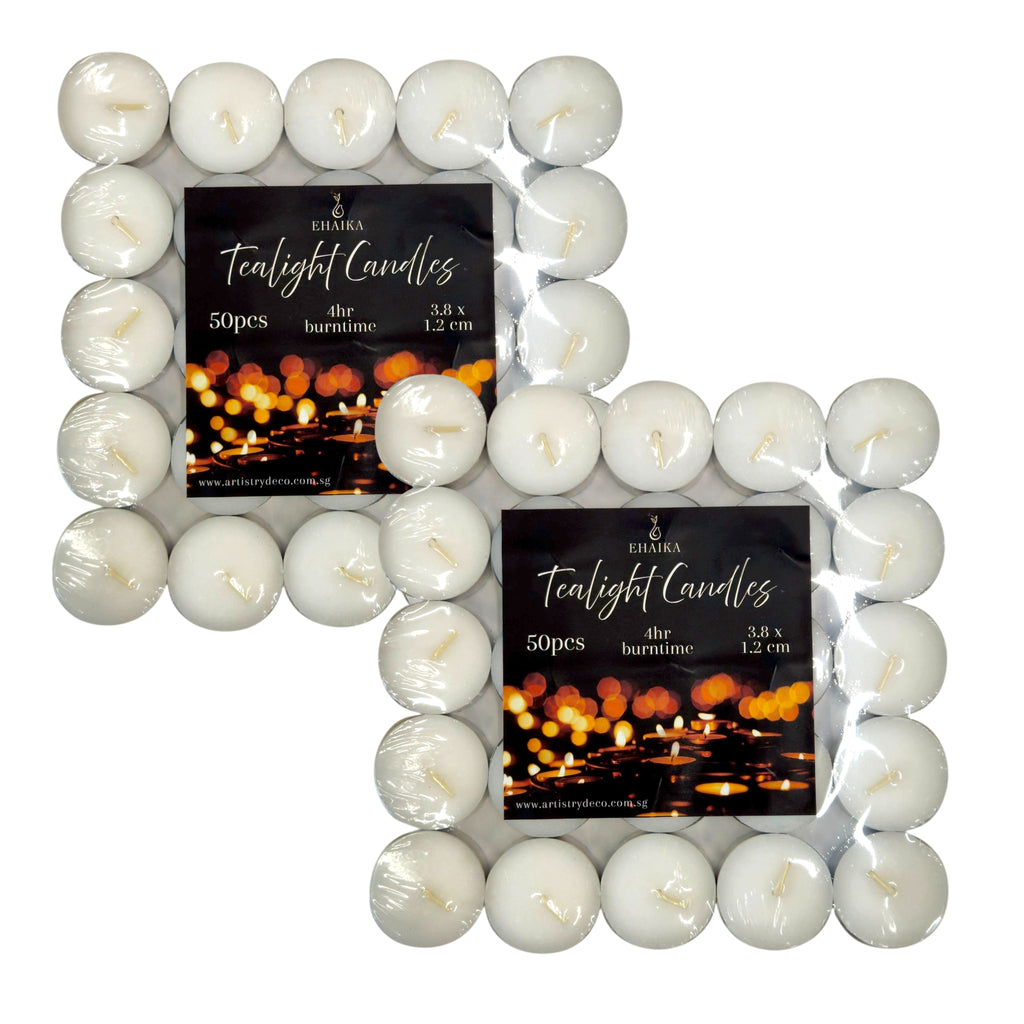 EHAIKA 50pc Tealight Candle 8hrs 4hrs – Long Burning Hours For Safety & Emergency Lighting, Decoration & Ambience, Heating Food/Drinks