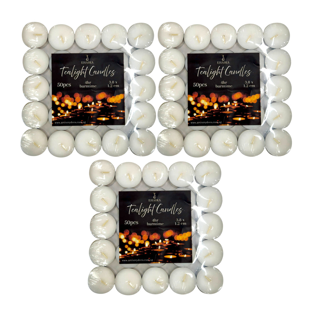 EHAIKA 50pc Tealight Candle 8hrs 4hrs – Long Burning Hours For Safety & Emergency Lighting, Decoration & Ambience, Heating Food/Drinks