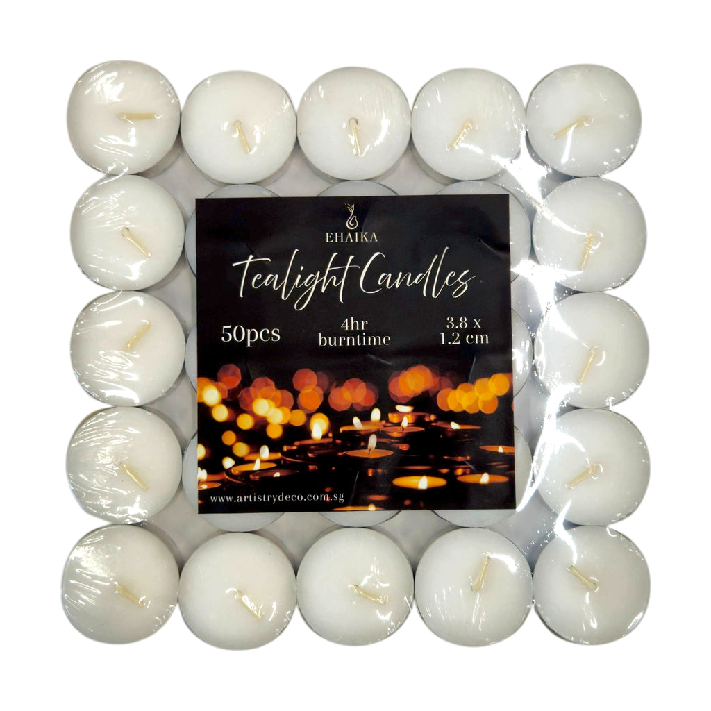 EHAIKA 50pc Tealight Candle 8hrs 4hrs – Long Burning Hours For Safety & Emergency Lighting, Decoration & Ambience, Heating Food/Drinks