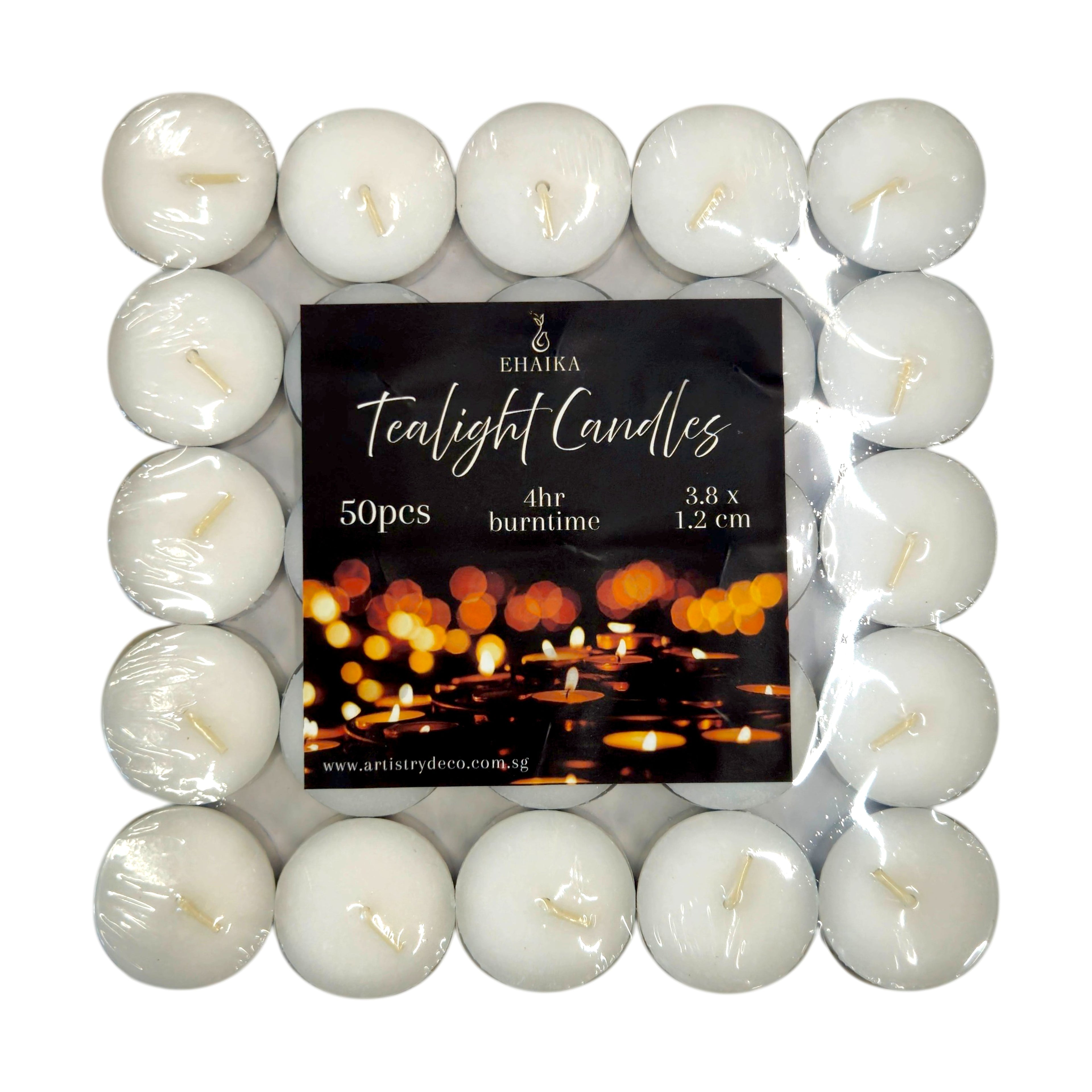 EHAIKA 50pc Tealight Candle 8hrs 4hrs – Long Burning Hours For Safety & Emergency Lighting, Decoration & Ambience, Heating Food/Drinks