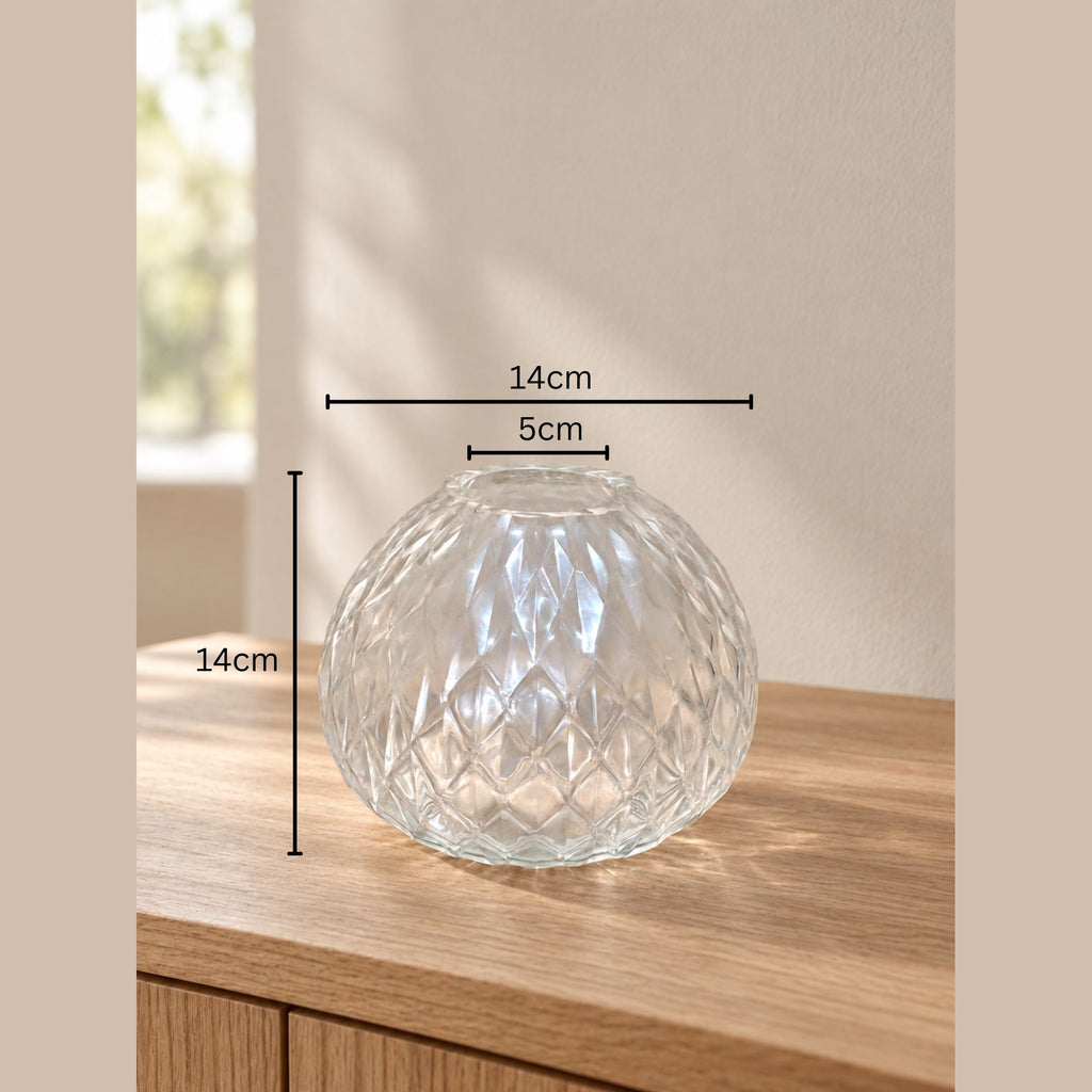 EHAIKA Small Table-top Clear Glass Flower Vase, Handmade Diamond Cut Patterned - Round Shaped
