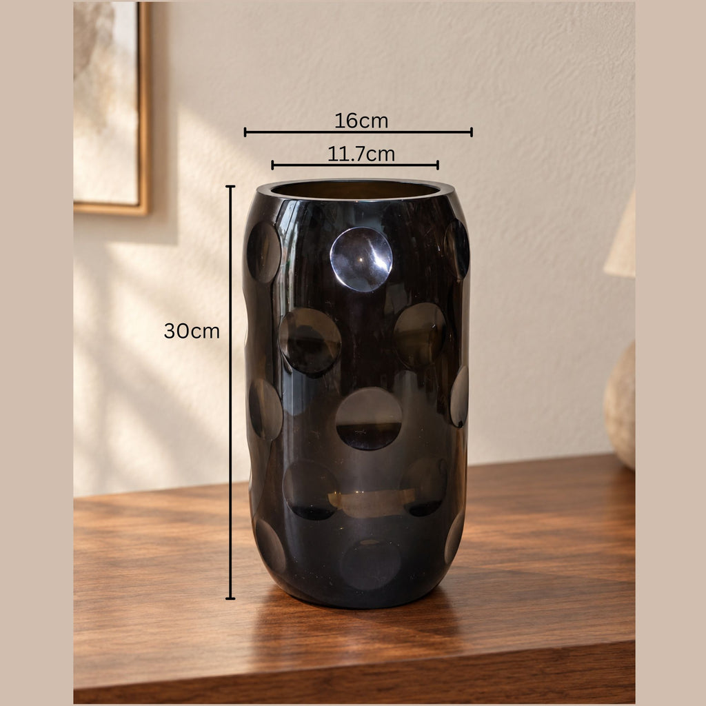 EHAIKA Designer Glass Flower Vase, Moon Cut Patterned, Large Opening, Smoky Brown Colour