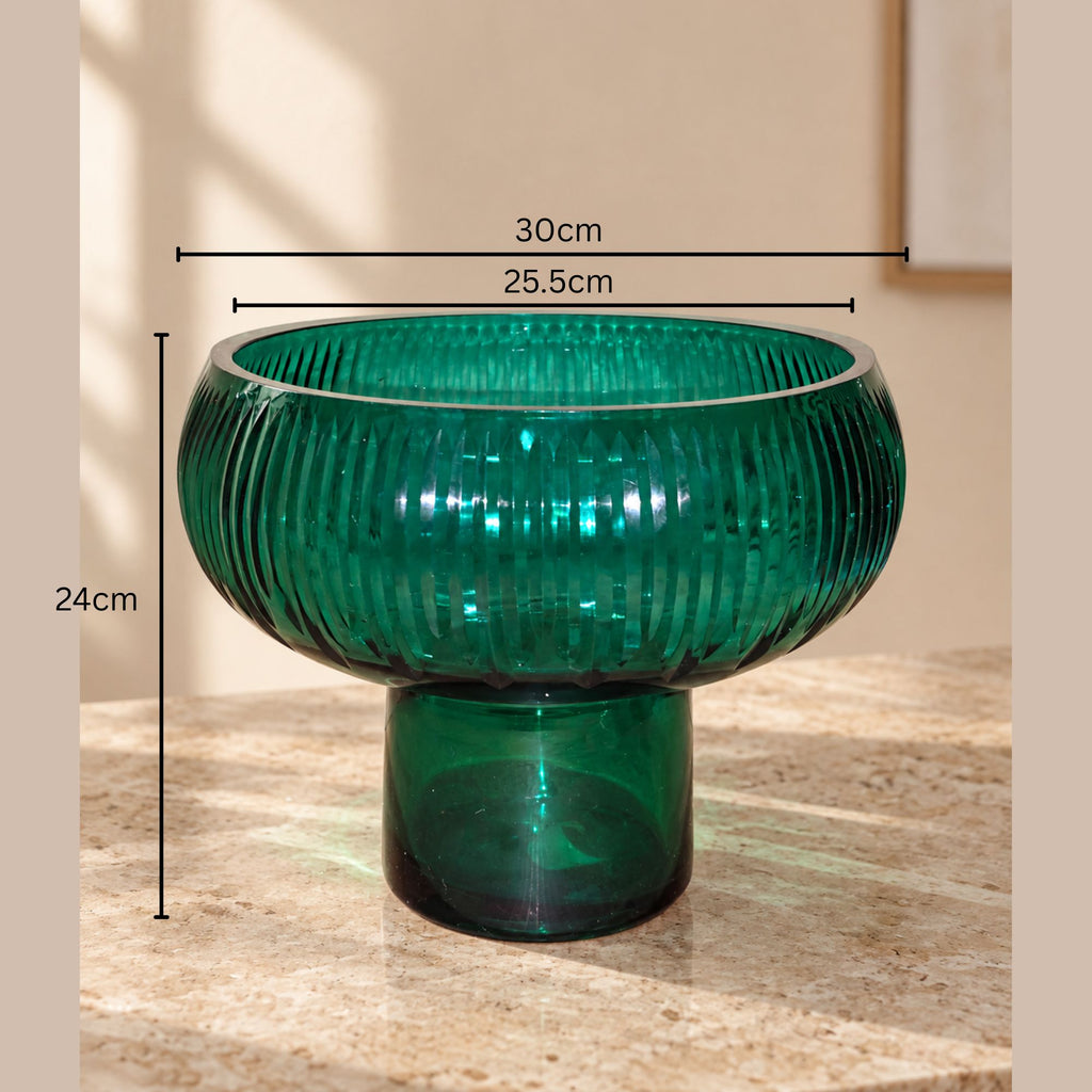 EHAIKA Large Opening Designer Glass Flower Vase, Handmade Line Cut Patterned - Round Shaped