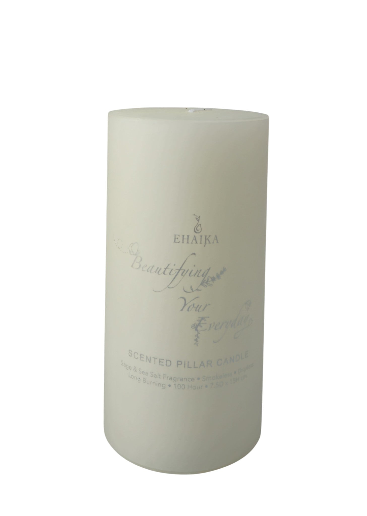 EHAIKA Sage & Sea Salt Scented Pillar Candle 7.5 x 15 cm – Smokeless, Dripless, 100 hours Long Burning