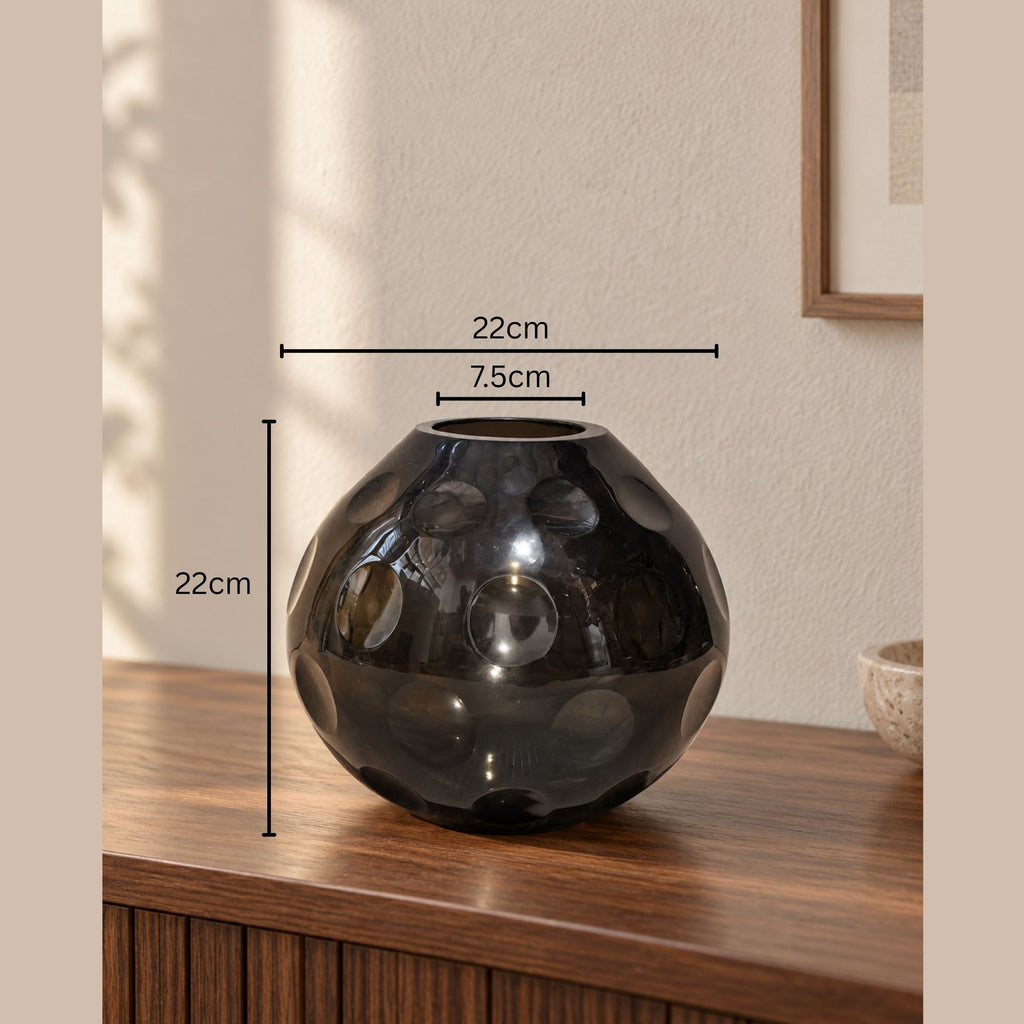 EHAIKA Glass Flower Vase With Moon Cut Patterned Small Neck Designed - Black Colour (Small)