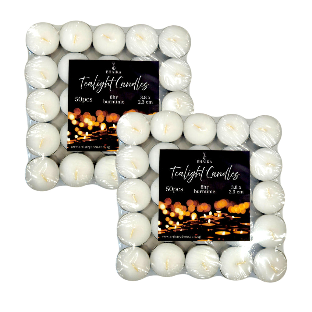 EHAIKA 50pc Tealight Candle 8hrs 4hrs – Long Burning Hours For Safety & Emergency Lighting, Decoration & Ambience, Heating Food/Drinks
