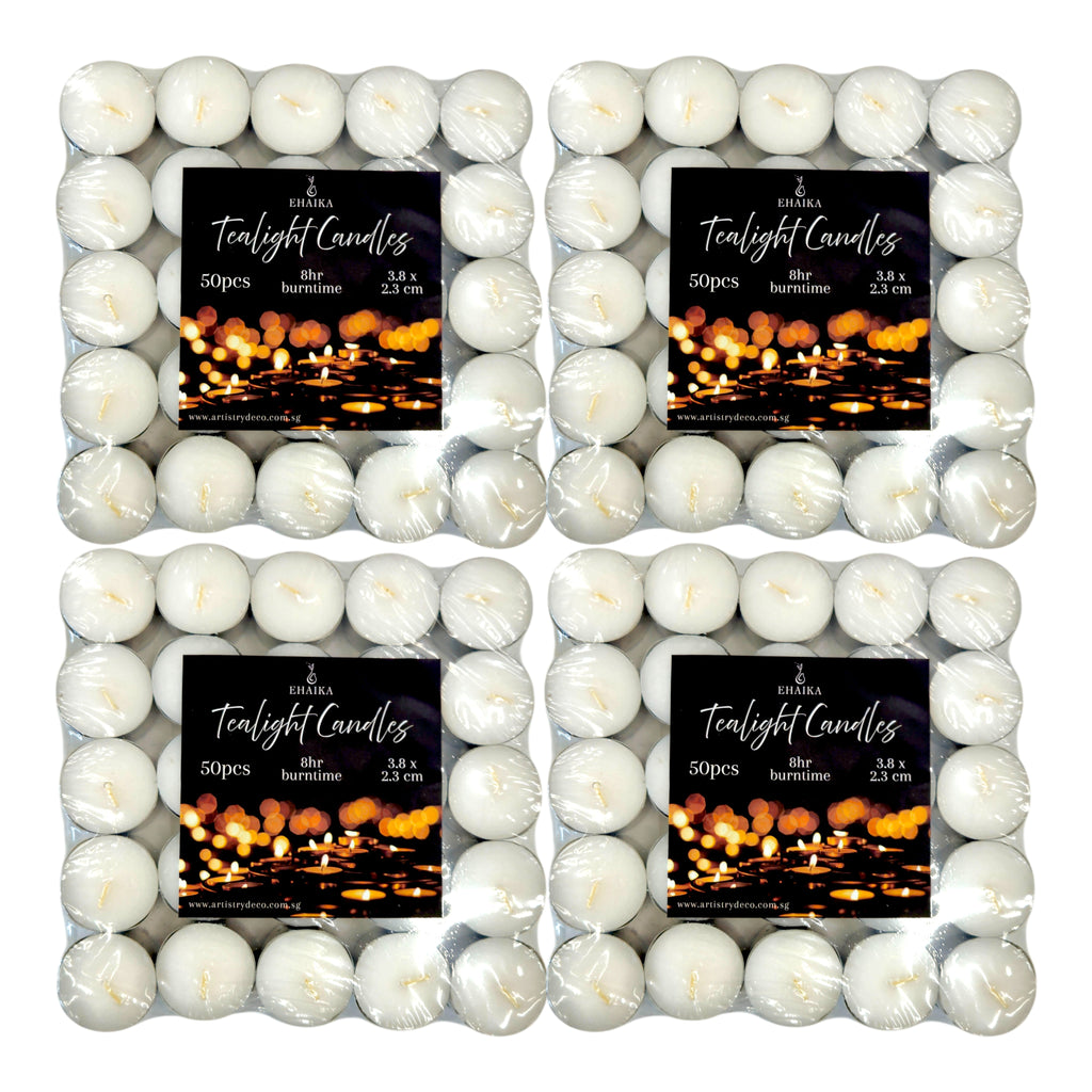 EHAIKA 50pc Tealight Candle 8hrs 4hrs – Long Burning Hours For Safety & Emergency Lighting, Decoration & Ambience, Heating Food/Drinks