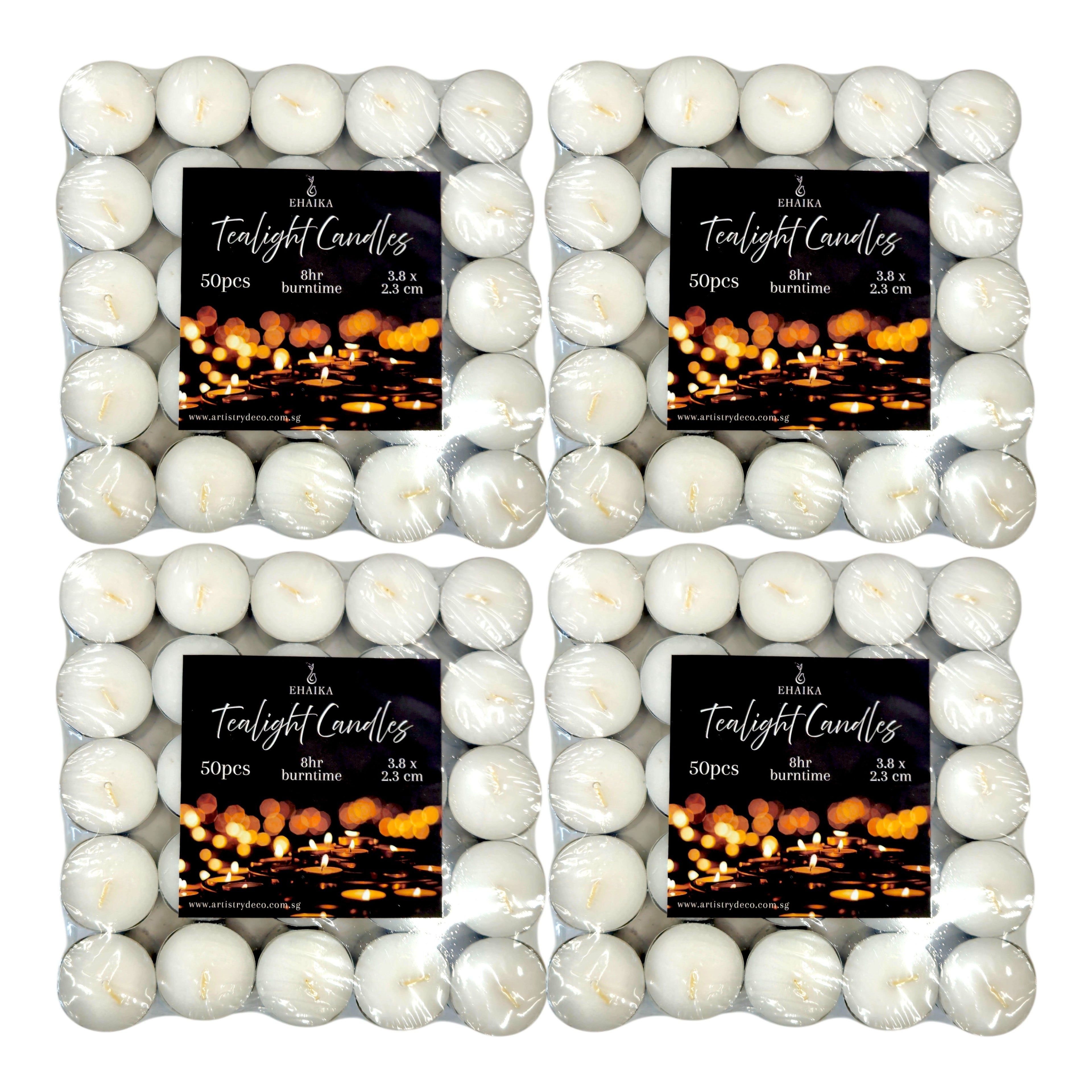 EHAIKA 50pc Tealight Candle 8hrs 4hrs – Long Burning Hours For Safety & Emergency Lighting, Decoration & Ambience, Heating Food/Drinks