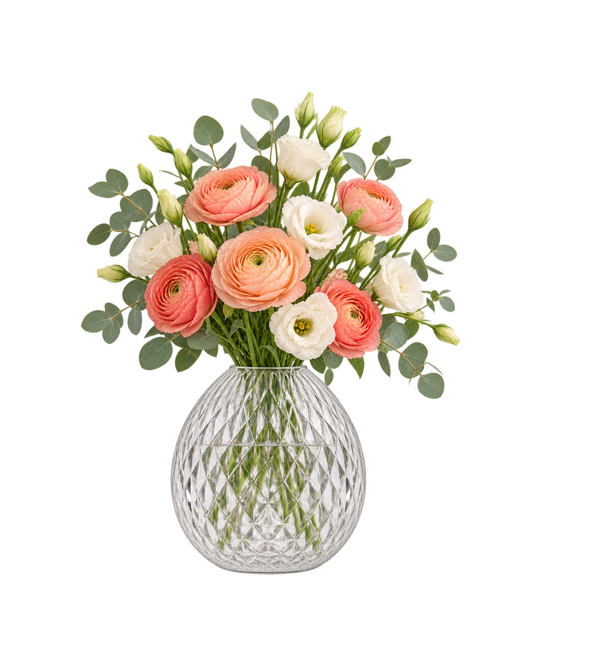 EHAIKA Designer Clear Glass Flower Vase, Handmade Diamond Cut Patterned - Round Shaped