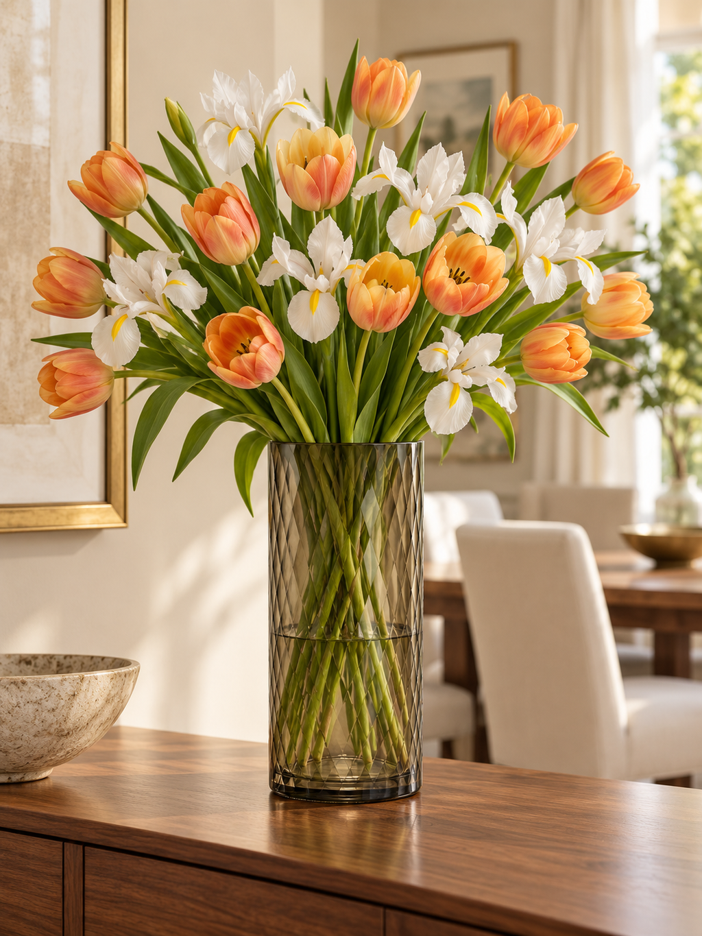 EHAIKA Designer Desk Top Glass Flower Vase, Handmade Honeycomb Cut Patterned - Cylinder Shaped