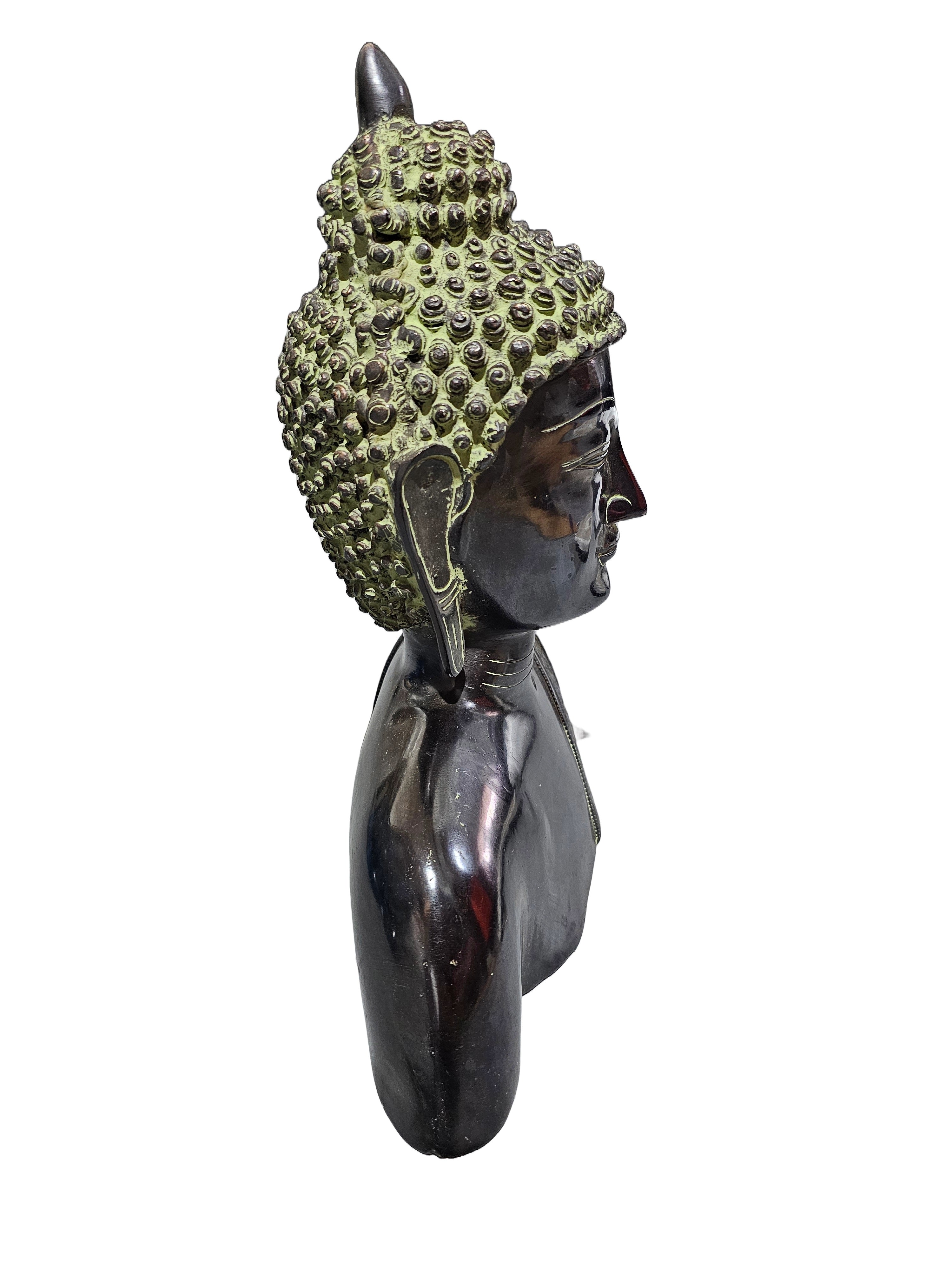 Authentic antique look brass bronze / green tabletop half body buddha statue stock in Singapore