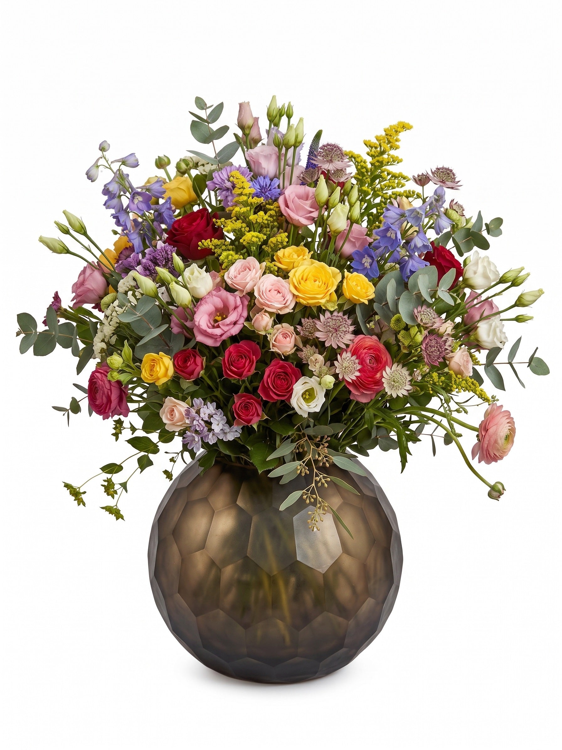 EHAIKA Large Glass Flower Vase Bowl With Honeycomb Cut Patterned, Small Opening Designed - Black Colour