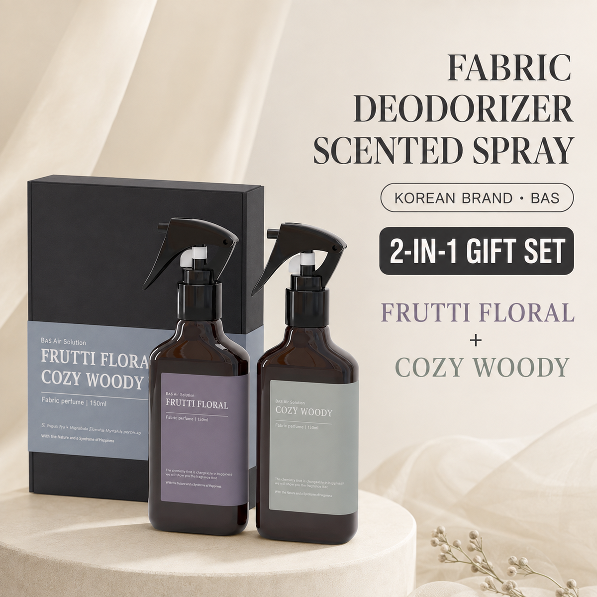 BAS Fabric Deodorizer, Stock In Singapore [Gift Set] Sprayer Type, 150ML x 2 Bottle - Made in Korea