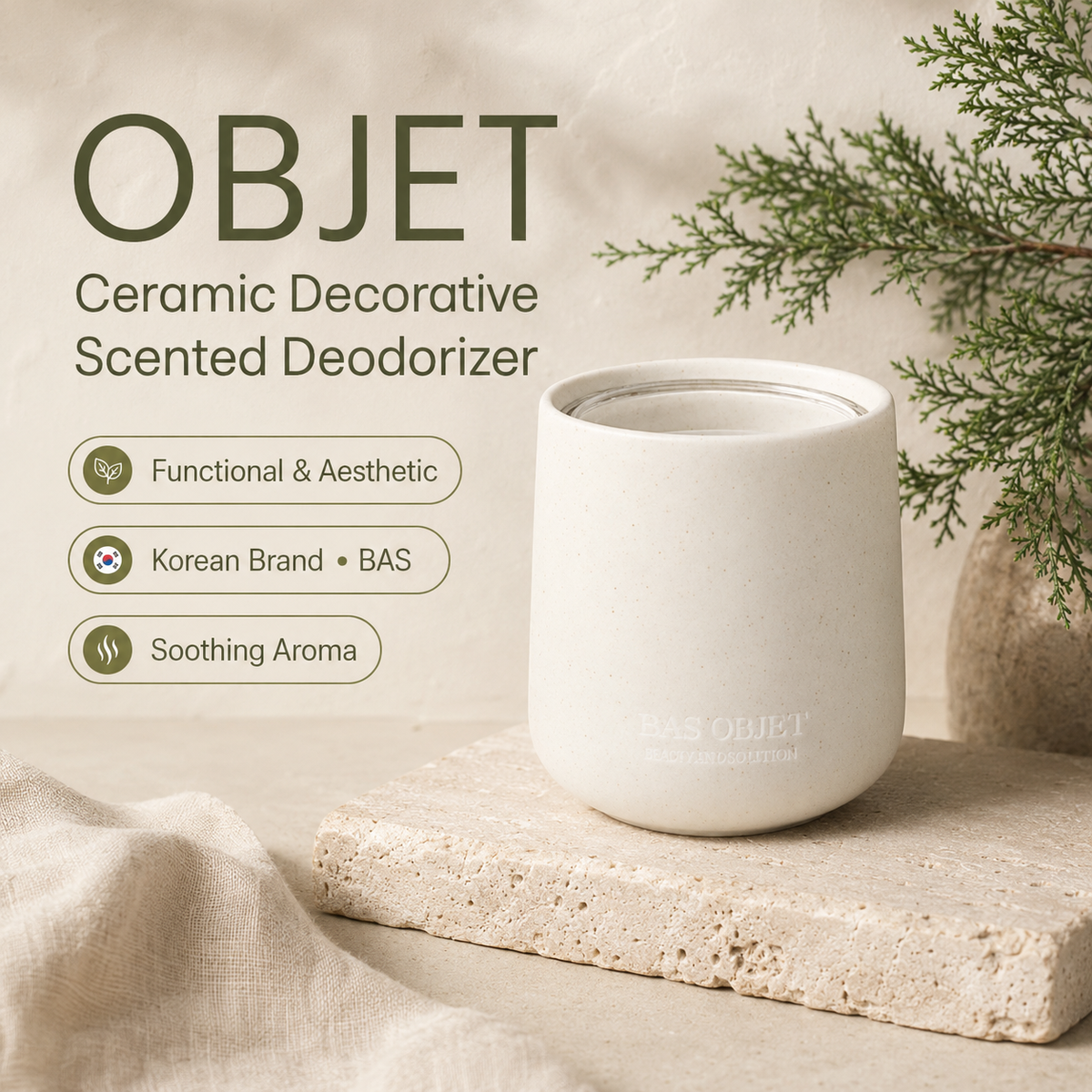 BAS OBJET Air Deodorizer / Reed Diffuser / Odor Eliminator 150G (Solid Type) With Ceramic Container - Made in Korea