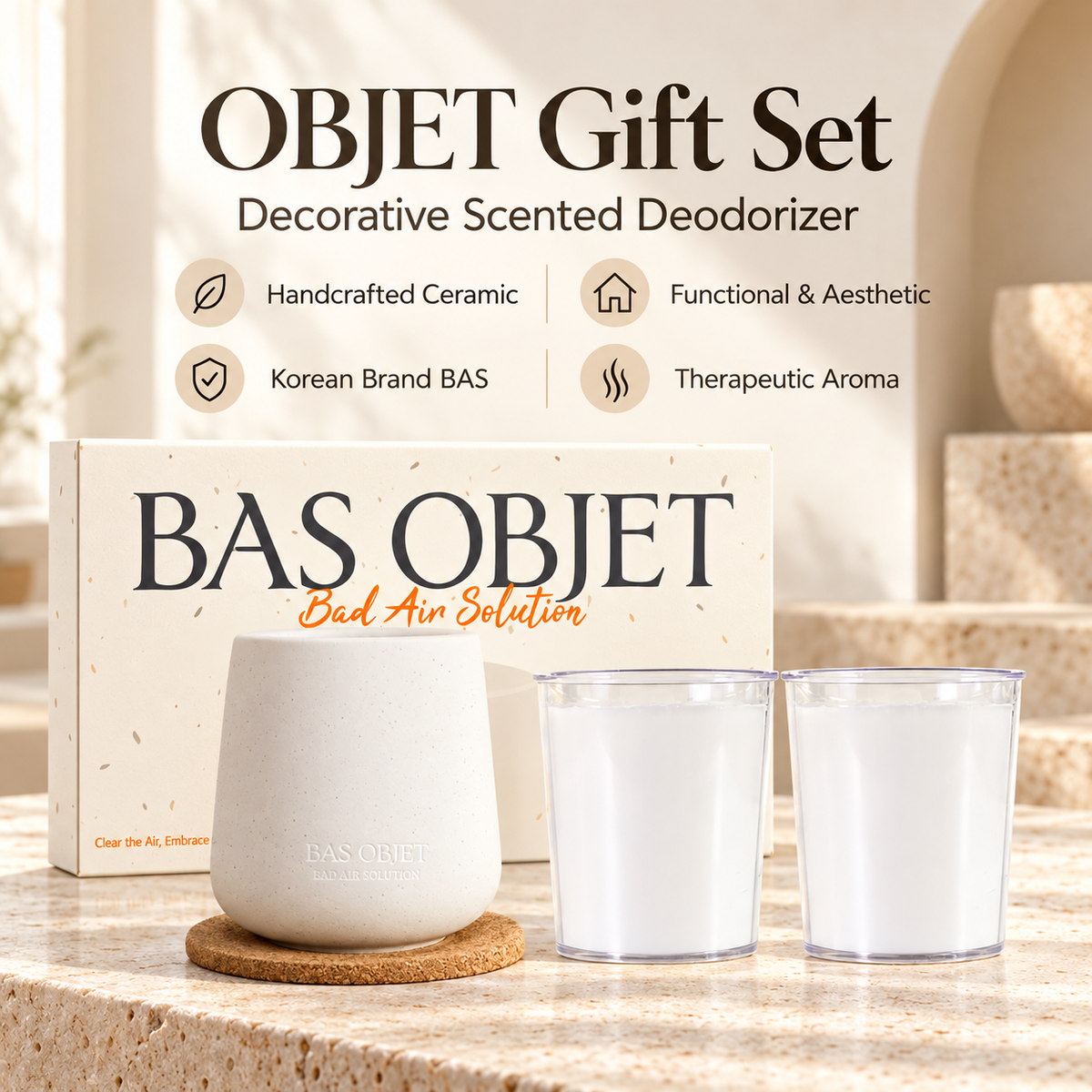 BAS OBJET Air Deodorizer / Odor Eliminator 2 x 150G (Solid Type) With Ceramic Container - Made in Korea - Gift