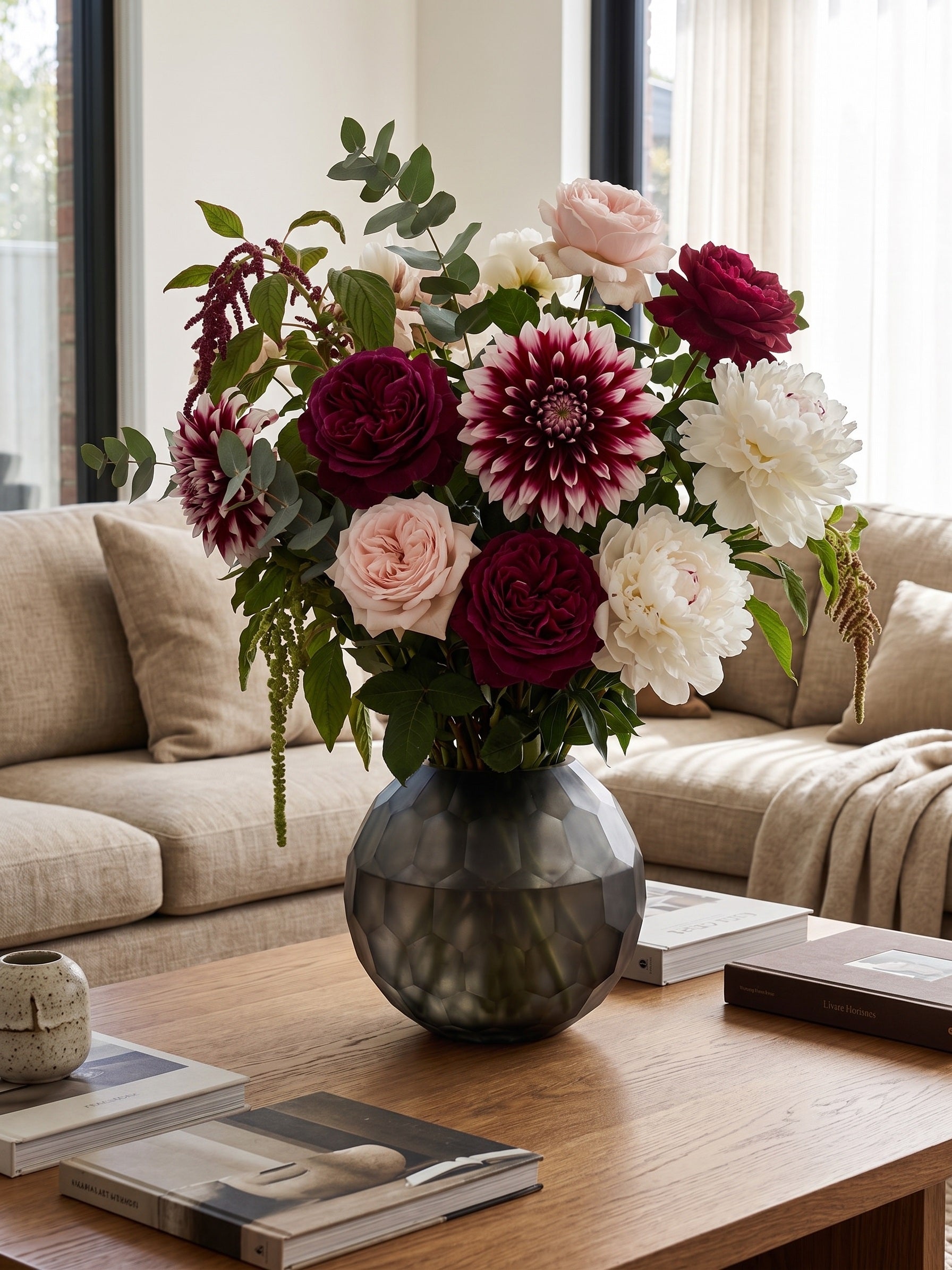 EHAIKA Large Glass Flower Vase Bowl With Honeycomb Cut Patterned, Small Opening Designed - Black Colour