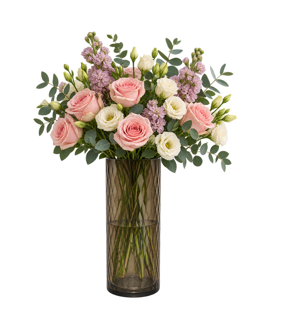EHAIKA Designer Desk Top Glass Flower Vase, Handmade Honeycomb Cut Patterned - Cylinder Shaped