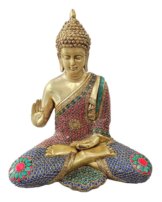 Brass with Color Stone Seated Buddha Statue Decoration Home Office Temple Display