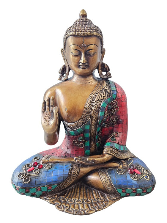 Brass with Color Stone Seated Buddha Statue Decoration Home Office Temple Display