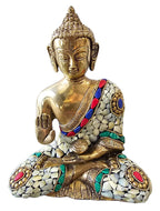 Brass with Color Stone Seated Buddha Statue Decoration Home Office Temple Display