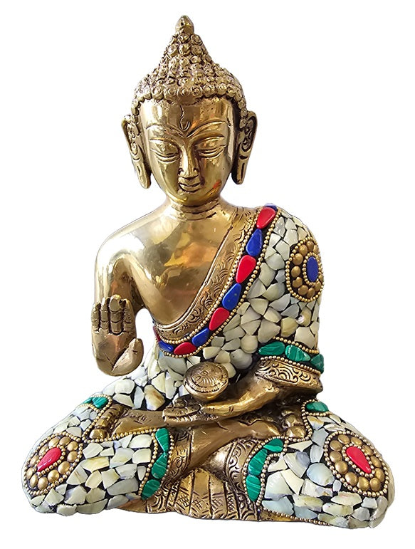Brass with Color Stone Seated Buddha Statue Decoration Home Office Temple Display