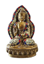 Brass with Color Stone Seated Buddha Statue Decoration Home Office Temple Display