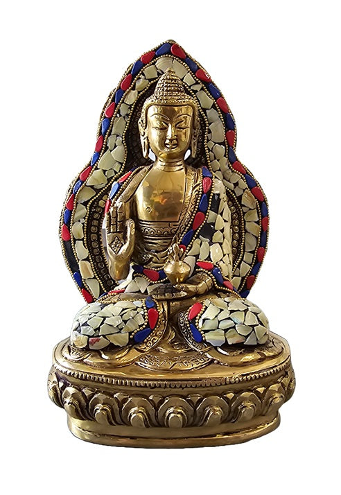Brass with Color Stone Seated Buddha Statue Decoration Home Office Temple Display