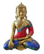 Brass with Color Stone Seated Buddha Statue Decoration Home Office Temple Display