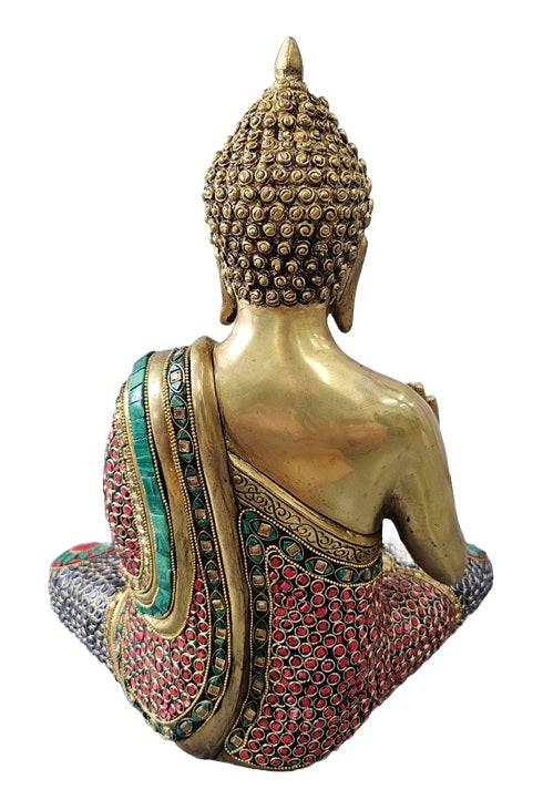 Brass with Color Stone Seated Buddha Statue Decoration Home Office Temple Display