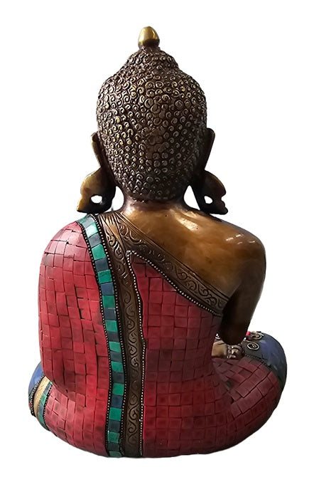 Brass with Color Stone Seated Buddha Statue Decoration Home Office Temple Display