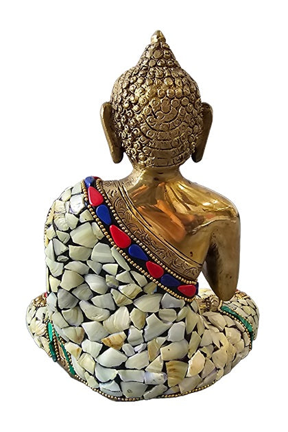 Brass with Color Stone Seated Buddha Statue Decoration Home Office Temple Display