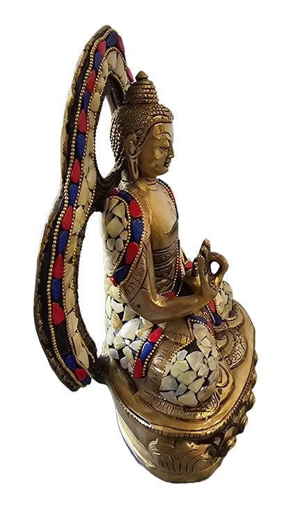 Brass with Color Stone Seated Buddha Statue Decoration Home Office Temple Display