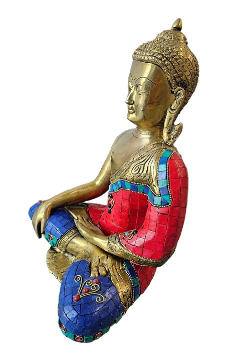 Brass with Color Stone Seated Buddha Statue Decoration Home Office Temple Display