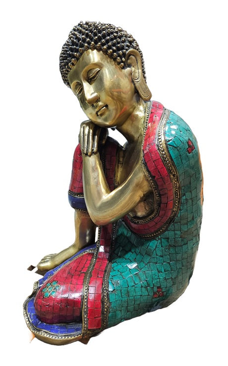 Solid Brass with Color Stone Thinking Buddha Statue Decoration Home Office Temple Display