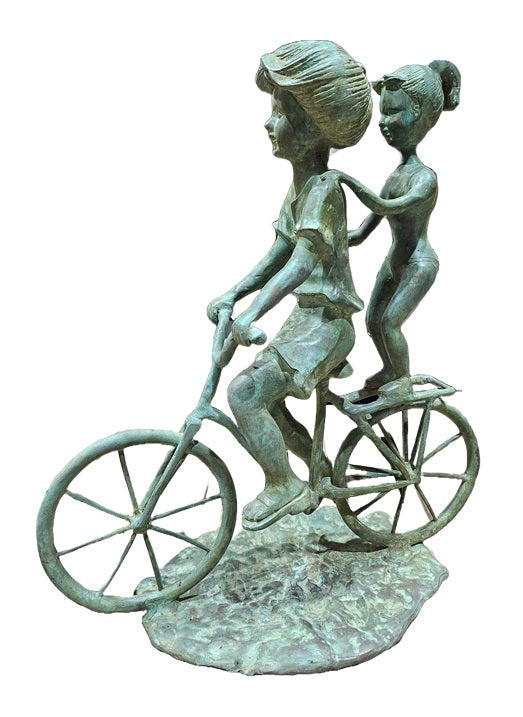 Brass Children Cycling Rustic-Look Figure Statue Decoration Home Office Restaurant Display