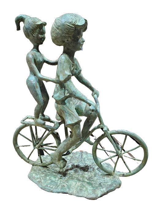 Brass Children Cycling Rustic-Look Figure Statue Decoration Home Office Restaurant Display