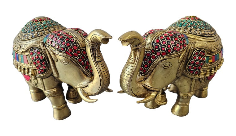 Brass Bronze with Color Stone Elephant Big Vastu Luck Pair Set Statue Decoration Home Office Restaurant Display