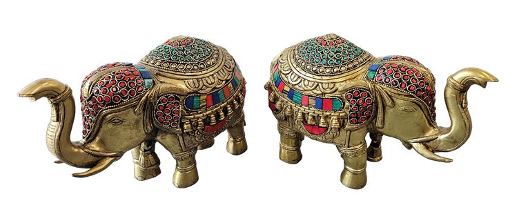 Brass Bronze with Color Stone Elephant Big Vastu Luck Pair Set Statue Decoration Home Office Restaurant Display