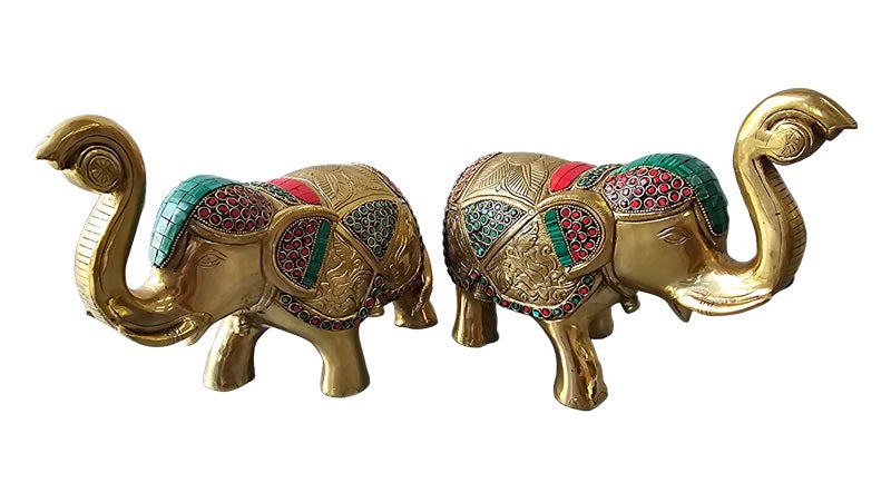 Brass with Color Stone Elephant Vastu Luck Pair Set Decoration Home Office Restaurant Display