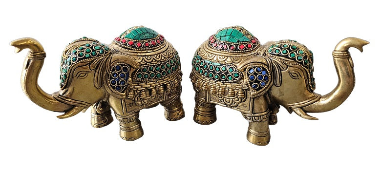 Brass with Color Stone Elephant Vastu Luck Pair Set Decoration Home Office Restaurant Display