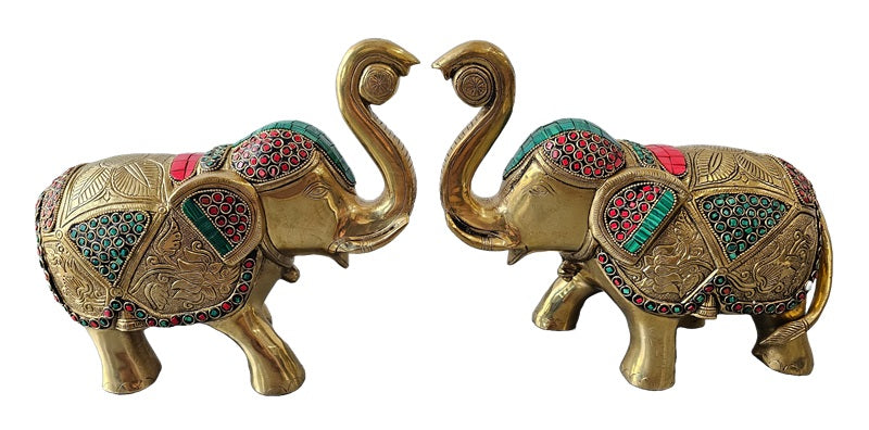 Brass with Color Stone Elephant Vastu Luck Pair Set Decoration Home Office Restaurant Display
